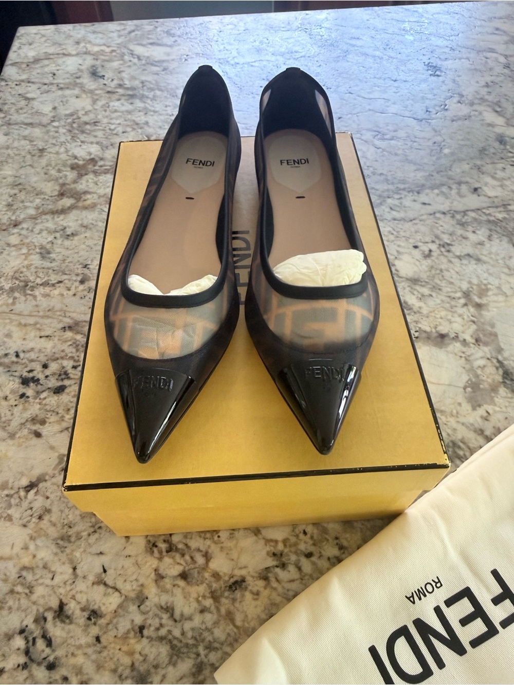Fendi Black Pointed-Toe Logo Mesh Flats
